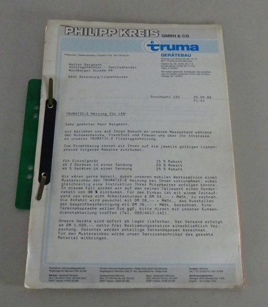 Prospekt / Broschüre Truma / Trumatic Gasheizung / Standheizung Stand 1988