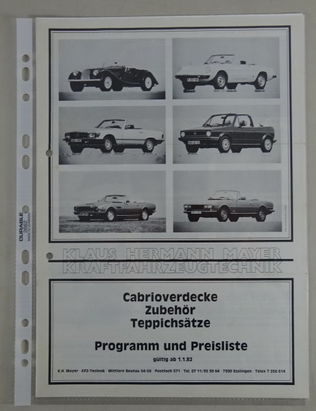 Prospekt / Broschüre Mayer Cabrioverdecke / Zubehör / Teppichsätze Stand 01/1982