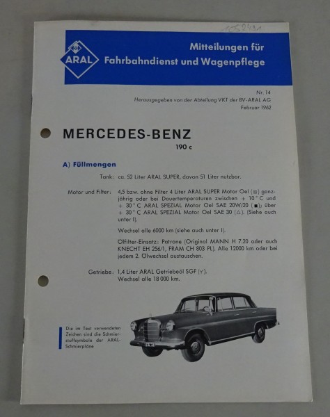 Service Mitteilung Aral Mercedes-Benz Heckflosse W110 190c Stand 02/1962