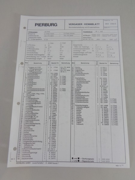 Kennblatt + Teilekatalog Pierburg Vergaser 40 PDSI Mercedes T2 DüDo von 03/1977