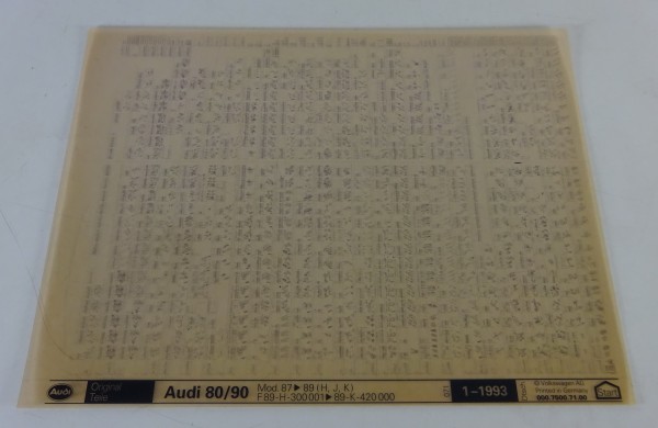 Microfich Teilekatalog Audi 80 / 90 B3 Typ 89 Baujahr 1987 - 1989 Stand 01/1993