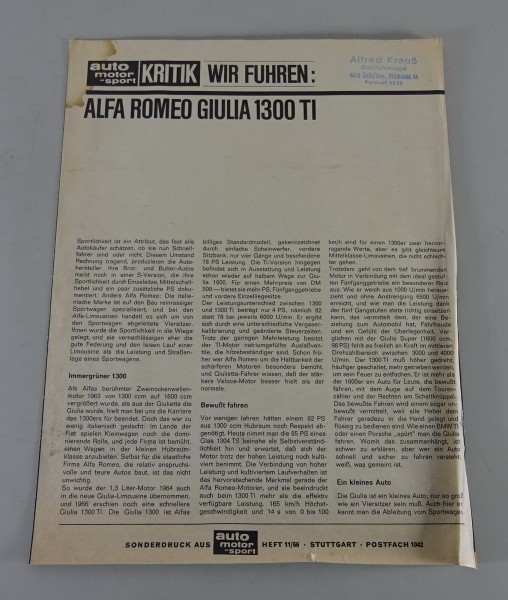Testbericht / Broschüre Alfa Romeo Giulia 1300 TI Stand 11/1966