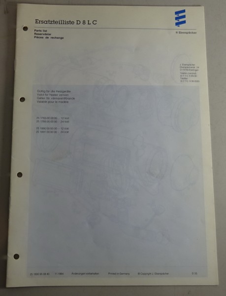 Teilekatalog / Ersatzteilliste Eberspächer Heizgeräte D8LC von 11/1994