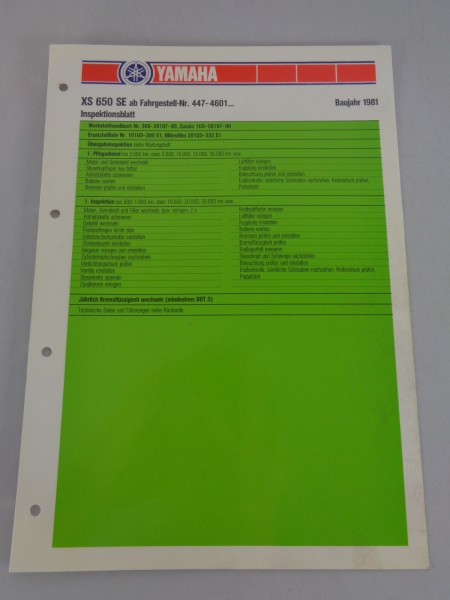 Inspektionsblatt Yamaha XS 650 SE Typ 447 Baujahr 1981
