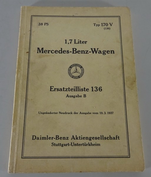 Teilekatalog Mercedes-Benz 170V W136 38 PS Ausgabe B Stand 10/1937