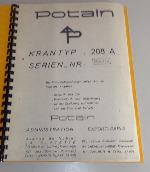 Teilekatalog / Liste des pièces détachées Potain 208 A Kran / grue
