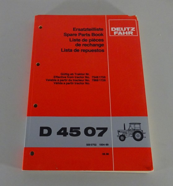 Teilekatalog / Ersatzteilliste Deutz Traktor D 45 07 Stand 08/1980