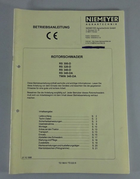 Betriebsanleitung Niemeyer Rotorschwader RS 300-D / 320-D / 340-D/DH TWIN 345-DA