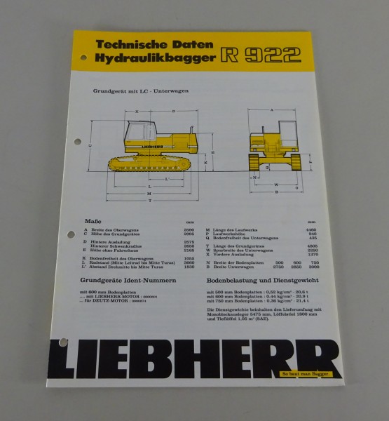 Prospekt / Broschüre Liebherr Hydraulikbagger R922 Technische Daten Stand 4/1985