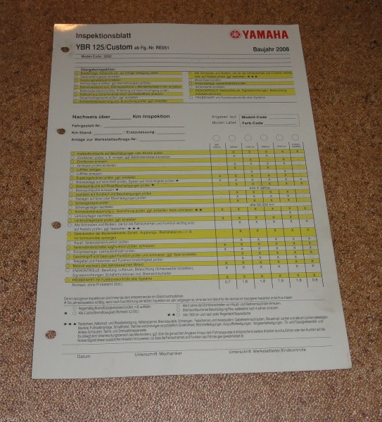 Inspektionsblatt Yamaha YBR 125 Typ RE051 Stand 2008