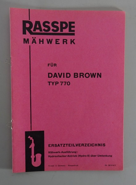 Teilekatalog Rasspe Mähwerk für David Brown Schlepper Typ 770 Stand 05/1966