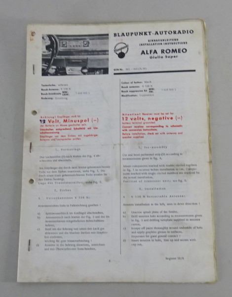 Einbauanleitung Blaupunkt Radio für Alfa Romeo Giulia Super von 09/1966