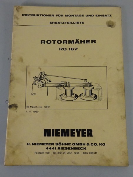 Teilekatalog / Instruktion Montage + Einsatz Niemeyer Rotormäher RO 167 11/1980