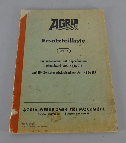 Teilekatalog / Ersatzteilliste Agria Seitenmäher mit Doppelmesser von 12/1969