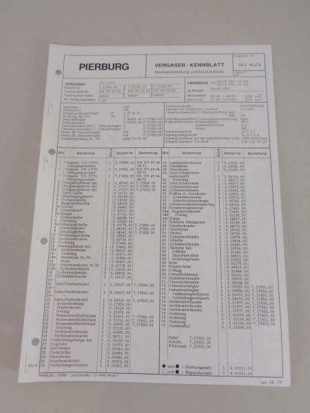 Kennblatt + Teilekatalog Pierburg Vergaser 175 CDTU Mercedes 200 / 230 - W123