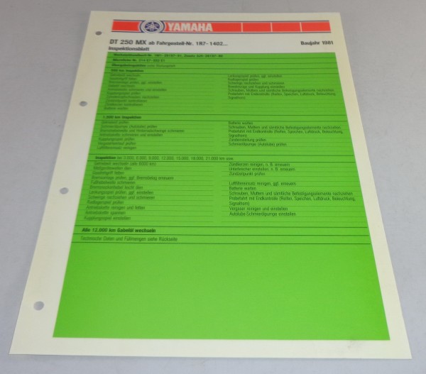 Inspektionsblatt Yamaha DT 250 MX Typ 1R7 Baujahr 1981