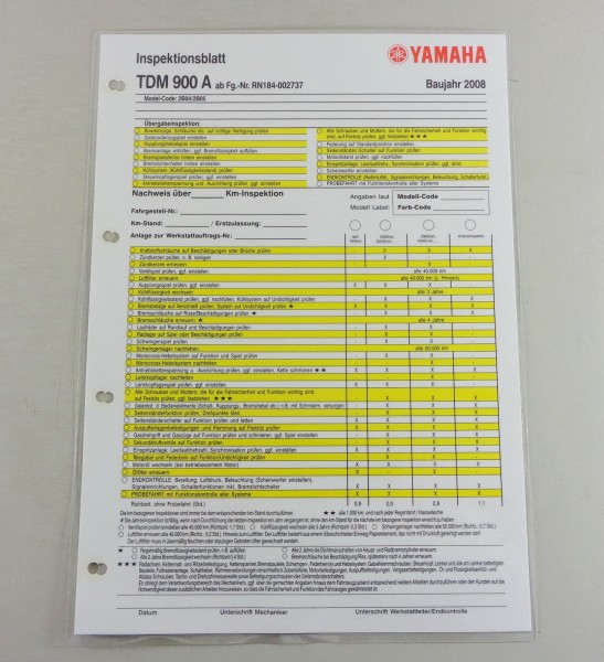 Inspektionsblatt Yamaha TDM 900 A Typ RN 18 Stand 2008