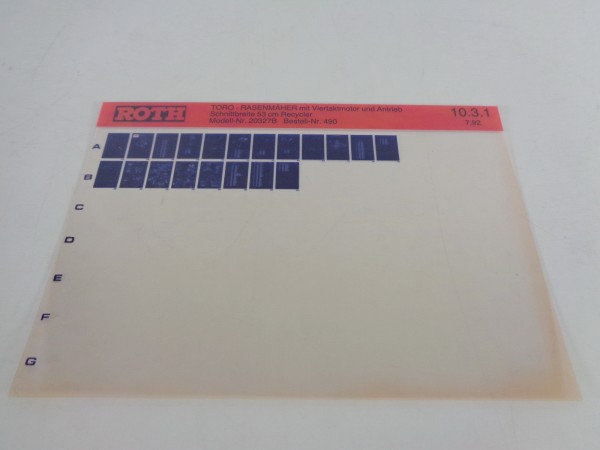 Microfich Teilekatalog Roth Toro 20327B Rasenmäher mit Viertaktmotor von 07/1992