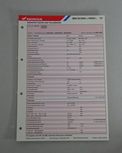 Inspektionsblatt / Wartungsplan Honda MBX 80 SWD / SW2D Baujahr 1987