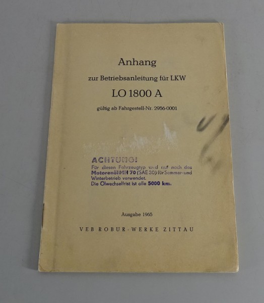 Anhang zur Betriebsanleitung / Handbuch LKW Robur LO 1800 A Ausgabe 1965