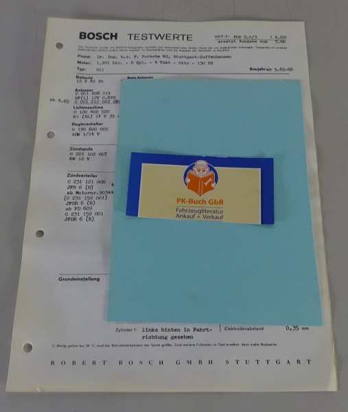 Bosch Testwerte Porsche 911 -1,991 Ltr. 6 Zyl. 130 PS Baujahr 05/1965-1966