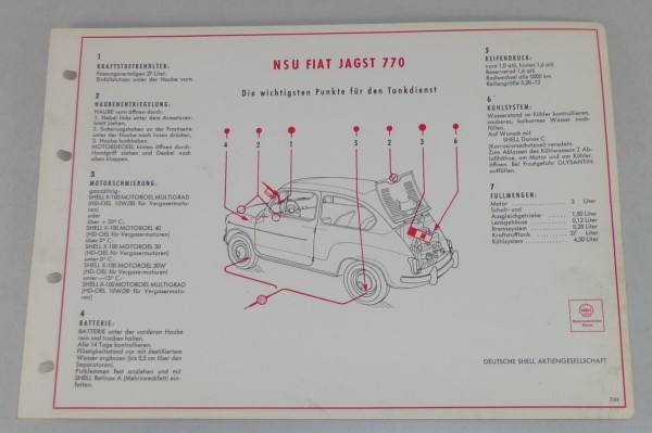 Shell Schmierplan für NSU Fiat Jagst 770 Stand 07/1962