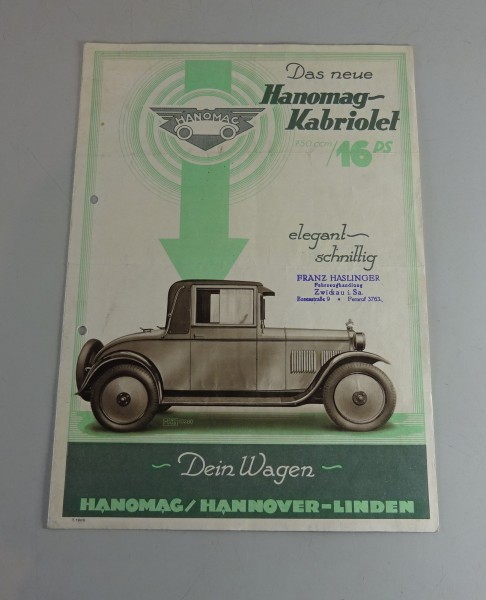 Prospekt / Broschüre Hanomag 3/16 PS 750ccm Kabriolett Stand 1929