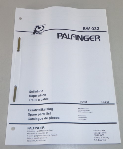 Teilekatalog / Spare Parts List Palfinger Seilwinde BW 032 Stand 09/1989