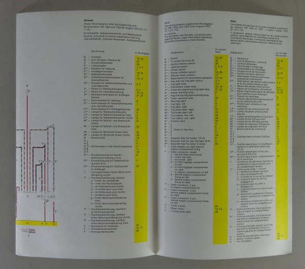 Elektrischer Schaltplan / Zusatzschaltplan VW Käfer 1303 & 1300 Modelljahr 1973