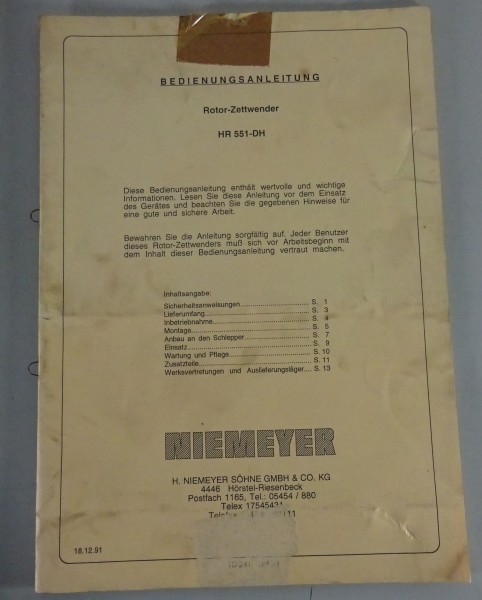 Betriebsanleitung / Handbuch Niemeyer Rotorzettwender HR 551-DH 12/1994