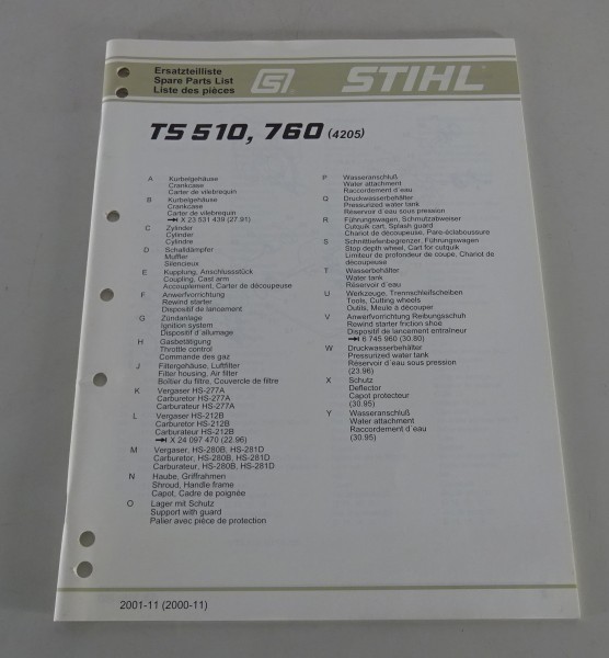 Teilekatalog Stihl Trennschleifer / Trennjäger TS 510, TS 760 Stand 11/2001