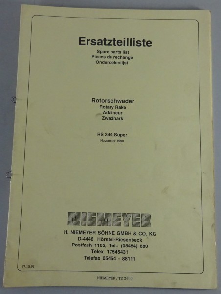 Teilekatalog / Spare Parts List Niemeyer Rotorschwader RS 340-Super ab 11/1990