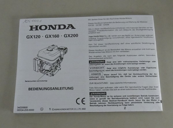 Betriebsanleitung / Handbuch Honda Generator GX120 GX160 GX200 Stand 2002