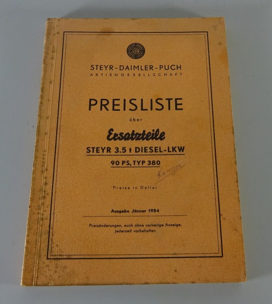 Preisliste über Ersatzteile Steyr 3,5 t - Diesel - Lastwagen Typ 380 - 90 PS
