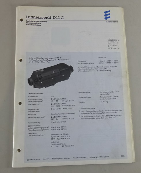 Technische Beschreibung/Einbauanweisung Eberspächer D1LC Stand 06/1991