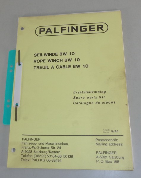 Teilekatalog / Spare Parts List Palfinger Seilwinde BW 10 Stand 03/1981
