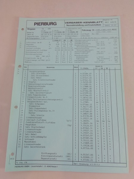 Kennblatt + Teilekatalog Pierburg Vergaser 1B1 L601, L602, L611 von 10/1987