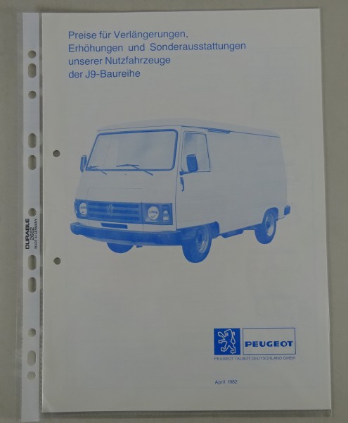 Prospekt Peugeot J9 Baureihe Auf-/Anbauten und Sonderausstattungen + Preise 1982