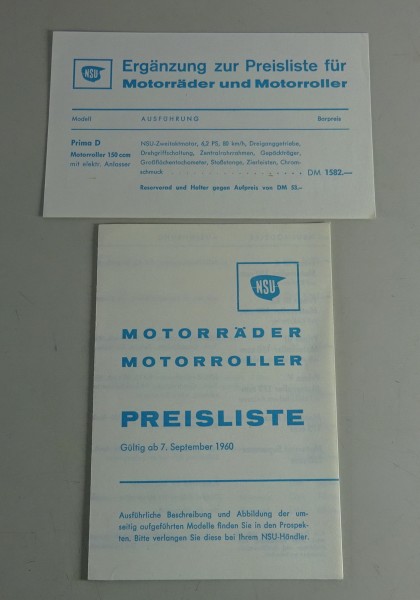 Preisliste NSU Prima, Maxi, Supermax Stand 09/1960