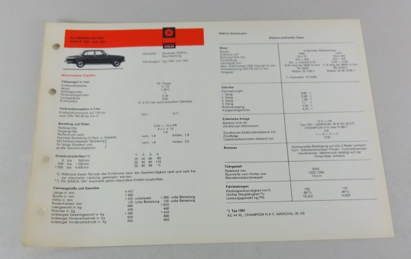 Schmierplan + Technische Daten Simca 1301 / 1501