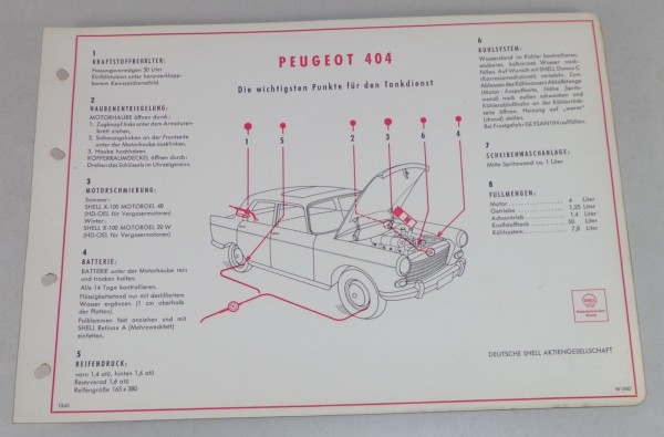 Shell Schmierplan für Peugeot 404 Stand 12/1961