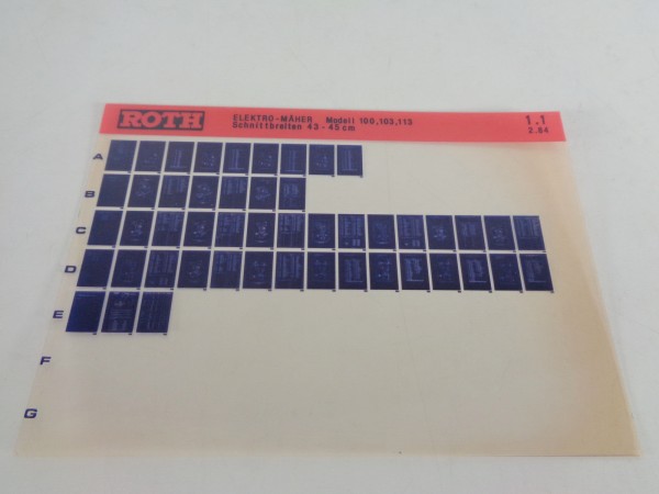 Microfich Teilekatalog Roth Elektromäher Modell 100, 103, 113 von 02/1984