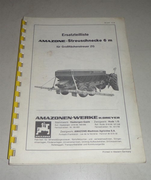 Teilekatalog Amazone Streuschnecke für Großflächenstreuer ZG - Stand 09/1972