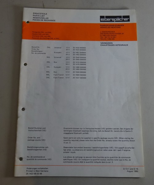 Teilekatalog Eberspächer Heizgeräte D4L / B4L Stand 08/1980