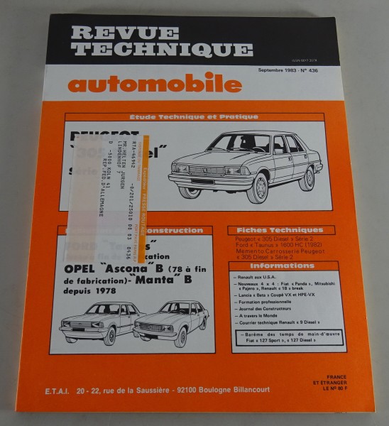 Reparaturanleitung Revue Technique Peugeot 305 / Opel Ascona B & Manta B 09/1983