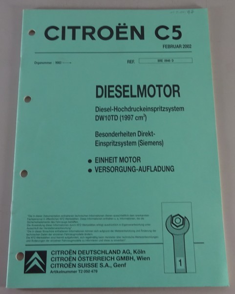 Werkstatthandbuch Citroen C5 Dieselmotor DW10TD Stand 02/2002