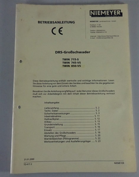 Betriebsanleitung Niemeyer DRS-Großschwader TWIN 715-S / 745-VS / 850-VS 01/2000