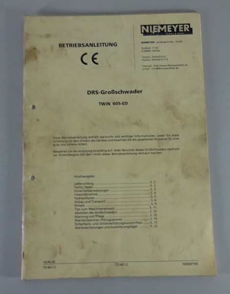 Betriebsanleitung / Handbuch Niemeyer DRS-Großschwader TWIN 605-ED Stand 04/2000