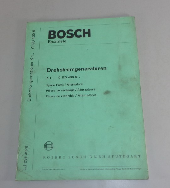 Teilekatalog / Parts list Bosch Drehstromgeneratoren K1.. 0 120 400 6.. 1/1968