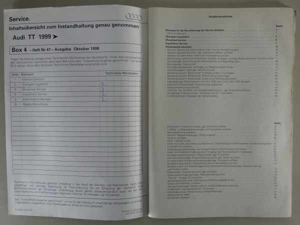 Werkstatthandbuch Instandhaltung genau genommen Audi TT Cabrio, Coupé Typ 8N ´99